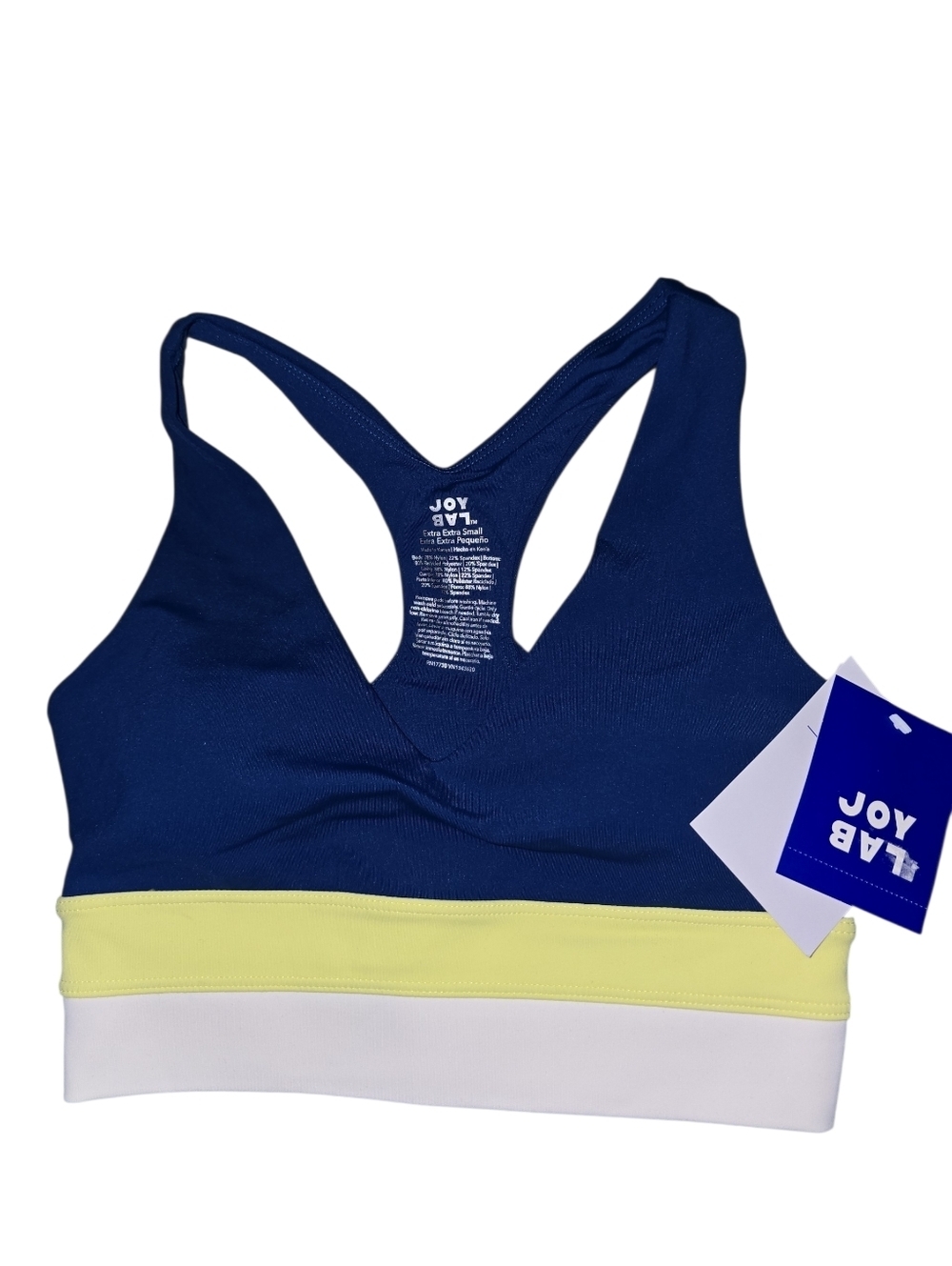 Womens JoyLab Navy, Yellow & White Colorblock  Sportsbra, XXS, NWT!!!